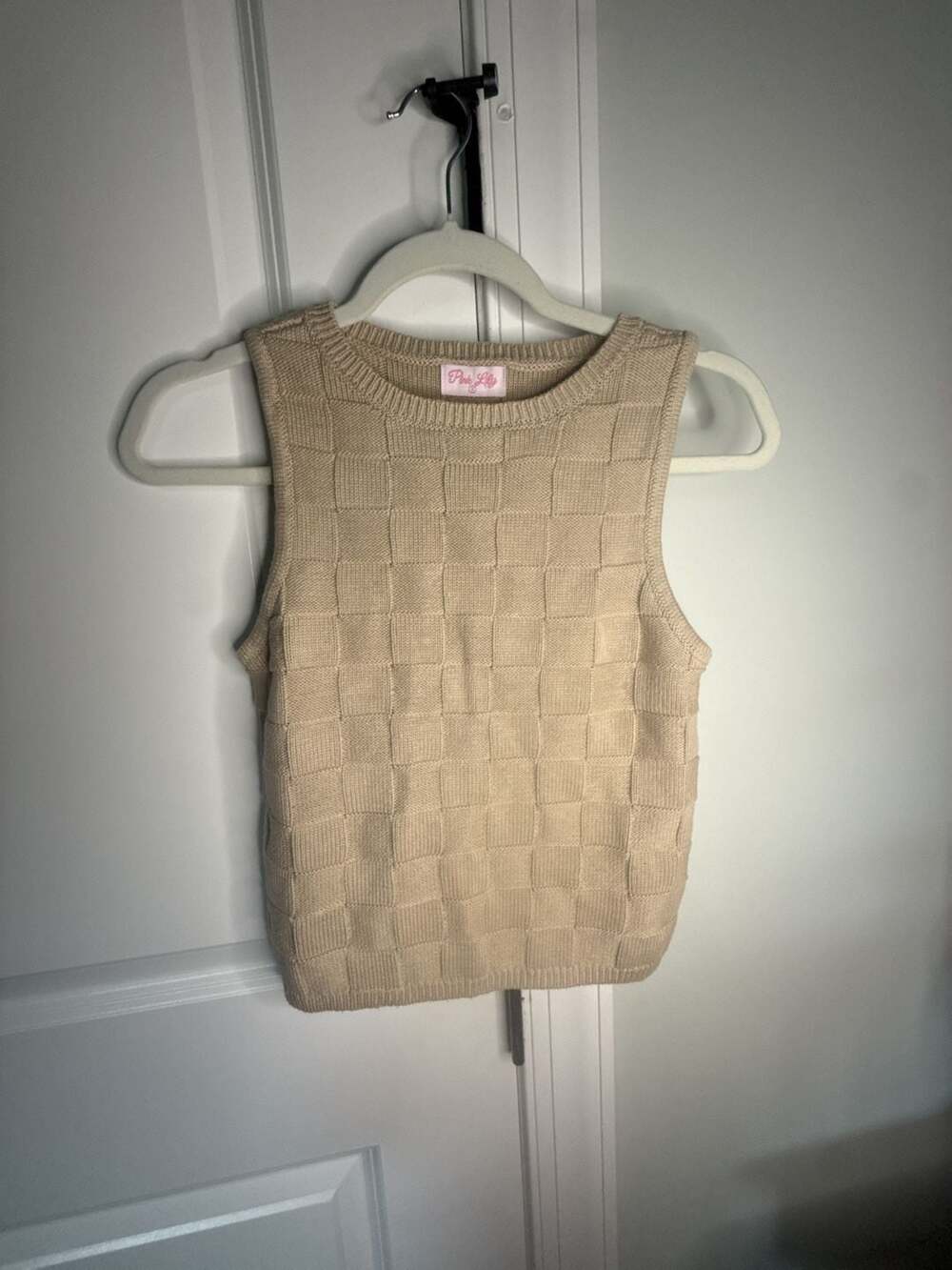 Pink Lily Taupe Checkered Sweater Knit Tank Top